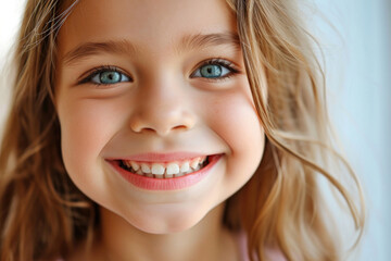 Naklejka premium Smiling Closeup Portrait: Perfect For Dental Ads, Featuring A Happy Young Girl With Clean Teeth