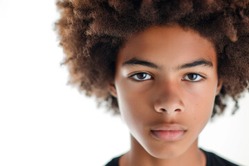 Confident Teen Boy With Afro: Closeup Portrait On White Background