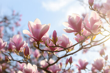 Magnolia blossoms against a blue sky, in the style of light pink and violet, backlight, wimmelbilder, selective focus, large canvas format

