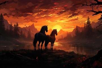  a couple of horses standing next to each other on a field near a body of water with a sunset in the background.