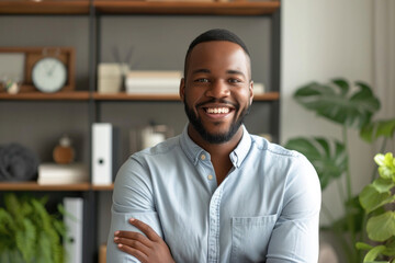 Obraz premium Confident African American Man In Home Office Background Radiates Joy In Headshot