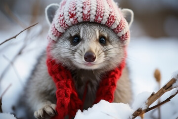 a civet wearing thick clothes in the snow
