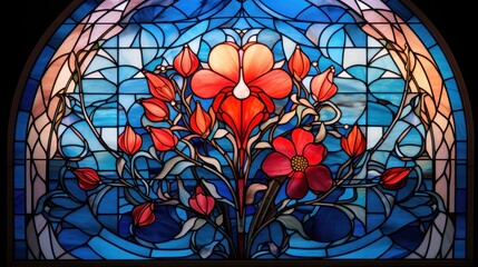  a close up of a stained glass window with a flower in the center of the window and blue sky in the background.