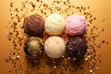  a group of ice creams sitting next to each other on top of confetti sprinkles.