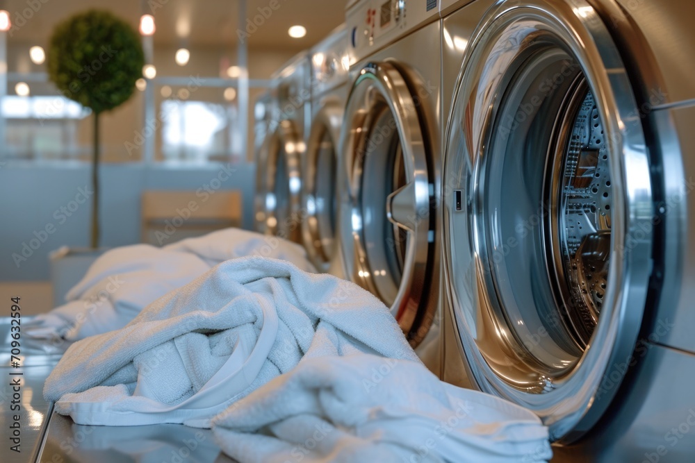 Poster a collection of white towels neatly arranged on top of a washing machine. perfect for showcasing cle