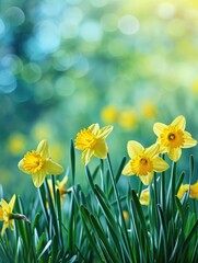 Fototapeta premium Beautiful panoramic spring nature background with daffodil flowers