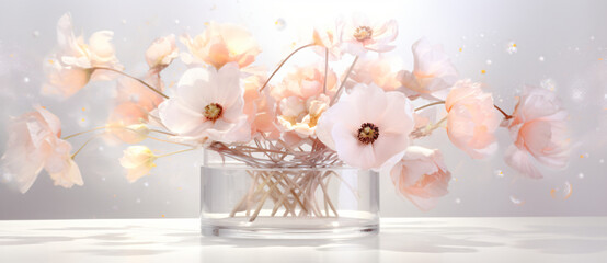 Pink and white flowers in the vase, in the style of double exposure, light orange and light gray, bokeh panorama, white background, shaped canvas, glowing lights, light crimson

