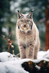 European lynx in a snowy forest in the winter.