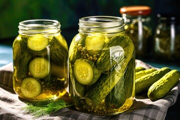 Glass jars with pickled cucumbers. Marinated pickled cucumbers.