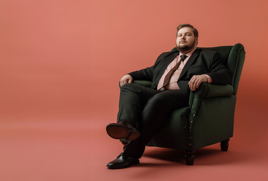 Fat Boss of the company sitting on a stylish comfortable armchair. Empty background in peach color. Businessman resting in an armchair.
