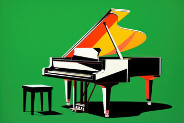  a painting of a piano and stool on a green background with a black and white piano in the foreground.