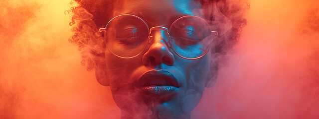 The Spectral Gaze, A Visionary Woman Adorned in Glasses Amidst a Kaleidoscopic Red and Blue Symphony