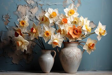  a couple of vases filled with flowers on top of a wooden table with peeling paint on the wall behind them.