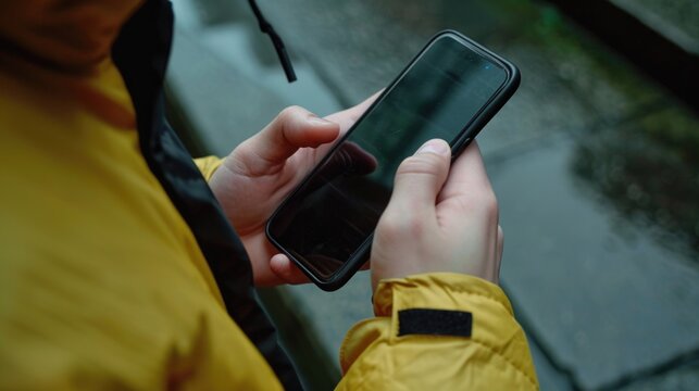 A person holding a cell phone while wearing a yellow jacket. This image can be used to illustrate technology, communication, or modern lifestyle