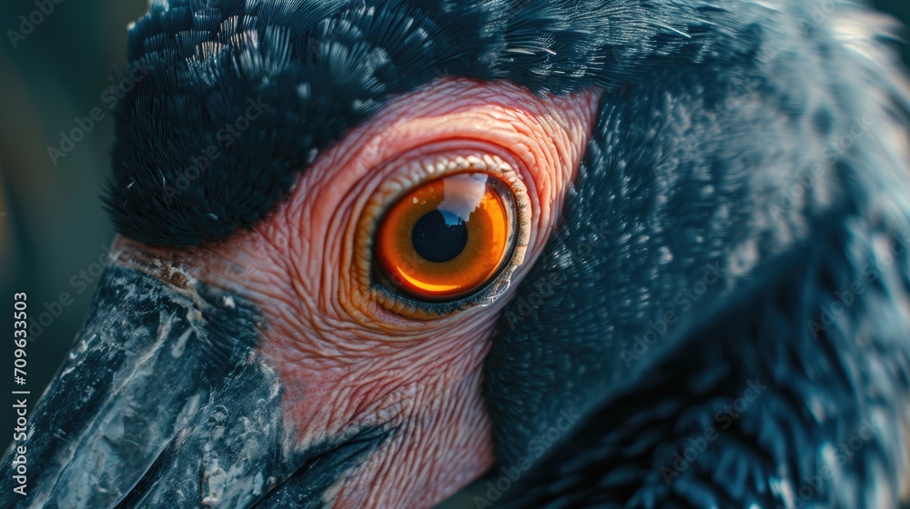 Poster a close-up view of a bird showcasing its vibrant orange eye. this image can be used to depict the be