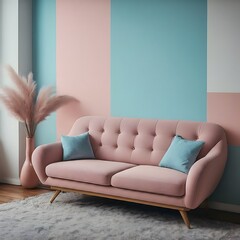 Minimalist interior in a painted wall, soft sofa. Light blue, pink, white pastel colors. Cute cozy interior composition