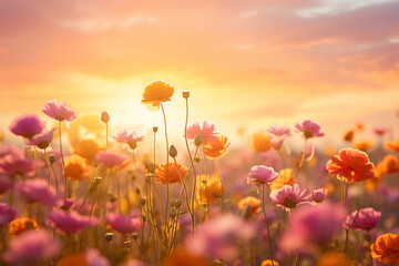 Fototapeta premium Colorful flowers in summer horizon by azmalim rezi, in the style of soft focus romanticism, light orange and magenta, samyang 14mm f/2.8 if ed umc aspherical, shaped canvas, light brown and yellow, cu