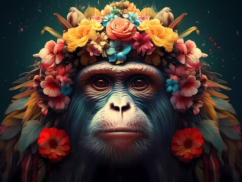 illustration of a colorful monkey with a flower crown on its head. generative ai