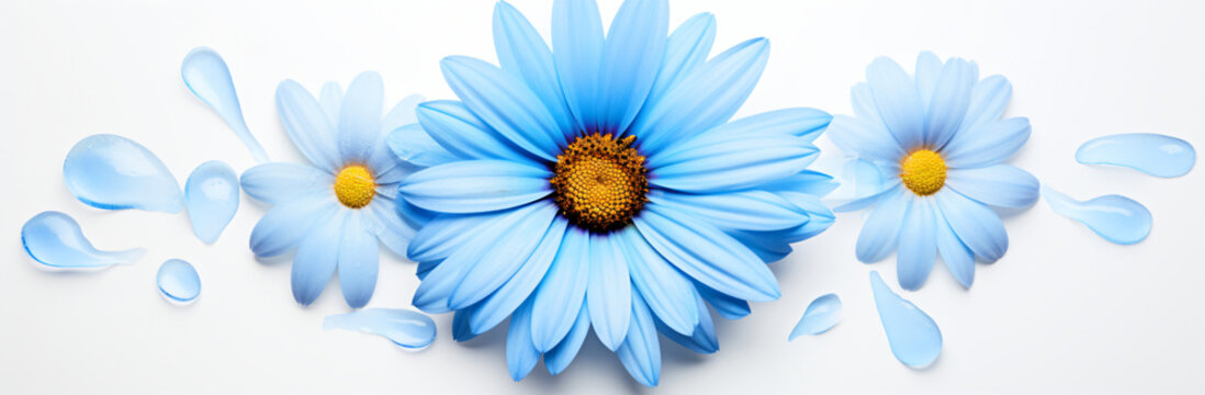A white background showing 3 blue daisy aphtographs, in the style of fisheye lens, colorful brushwork, golden ratio, dark aquamarine, pure color, shaped canvas, minimalist photography

