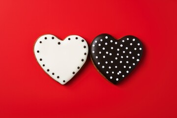  two cookies in the shape of a heart on a red and black background with white polka dots, top view.