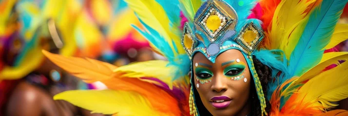 Fotobehang colorful carnival girl in feather costume. generative ai © JIRMoronta