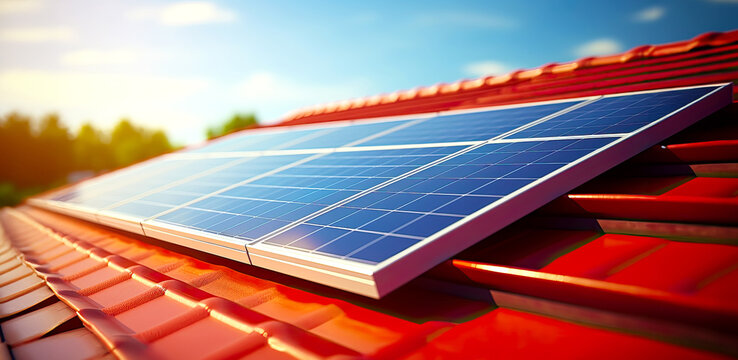 Solar panel on red roof and sunny day. Postproducted generative AI illustration.