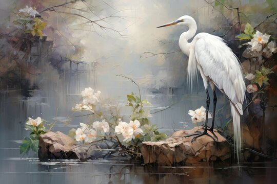  a painting of a white egret standing on a rock next to a body of water with white flowers.