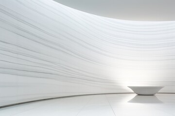  a white room with a bowl on the floor and a light at the end of the room in the middle of the room.