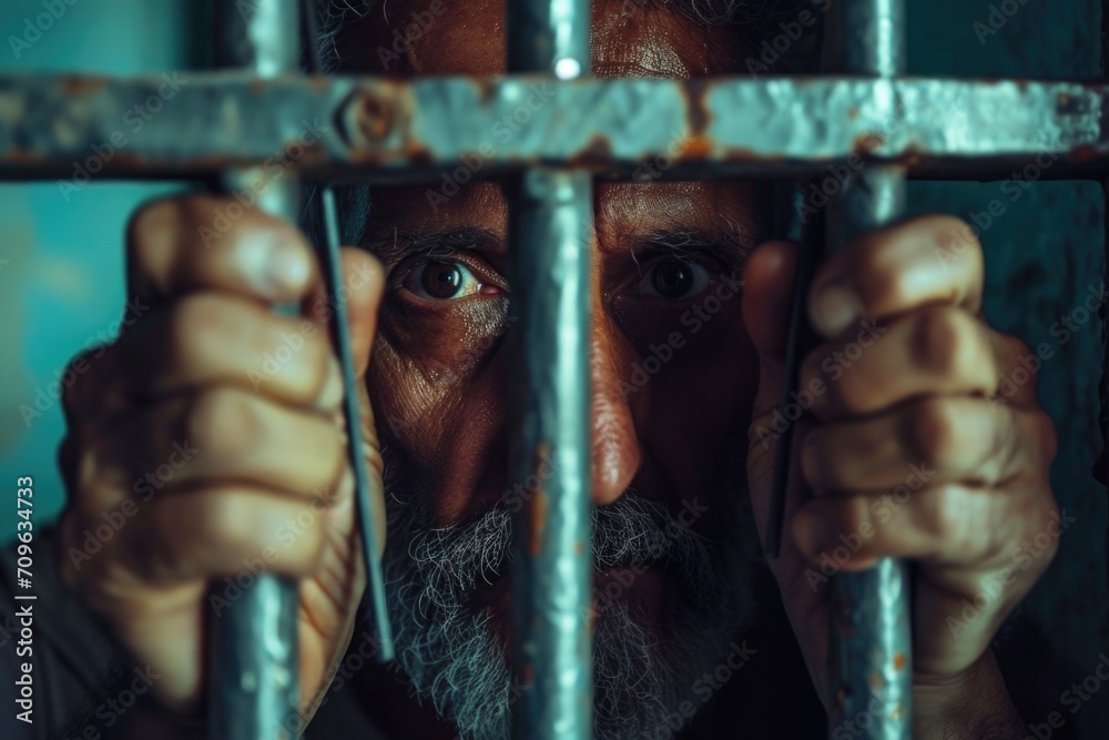 Poster a close up of a person behind bars, suitable for illustrating confinement or imprisonment