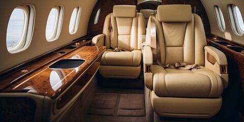 Opulent private jet interior, sleek table, elegant chairs.
