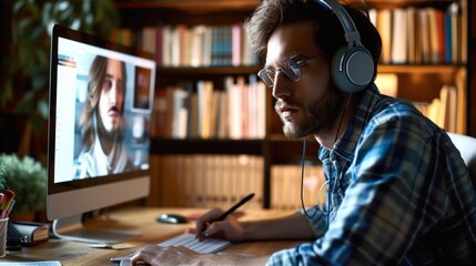 Male student wearing headphones conference video calling, watching webinar, online training class, virtual chat meeting with remote teacher or coach distance learning using computer, Generative AI - obrazy, fototapety, plakaty