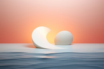  a white object floating on top of a body of water next to an orange and pink sky in the background.