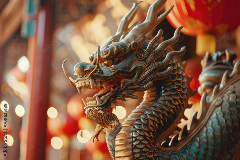 Poster A close-up of a dragon statue with lights in the background. Perfect for adding a touch of mystique and fantasy to any project