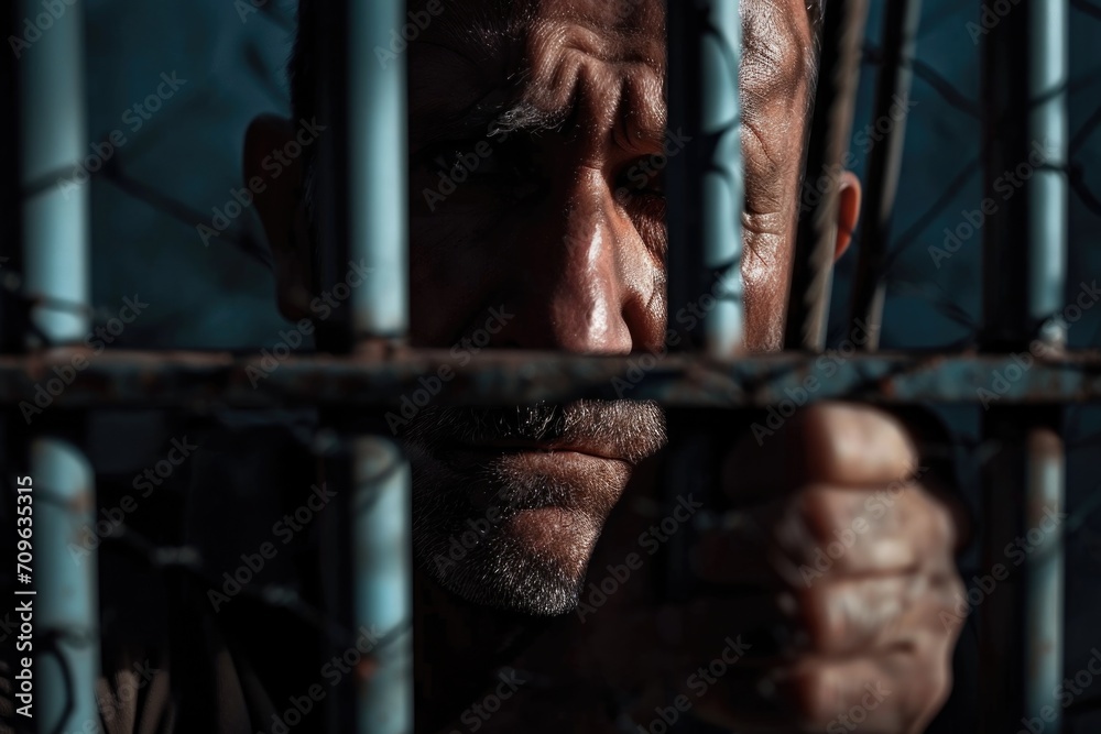 Poster A man trapped behind bars in a jail cell. Suitable for crime-related themes or concepts of confinement and isolation