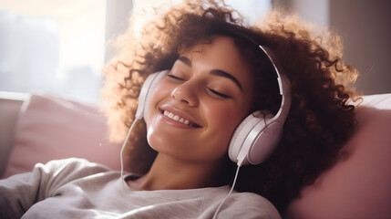 A beautiful young African American woman with curly brunette hair wearing white headphones, listening to a music through a headset, smiling and resting on the sofa. Closed eyes, enjoying the sound - obrazy, fototapety, plakaty