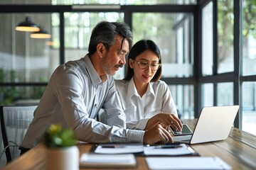 Two happy professional coworkers discuss online plan at work. Mid aged manager explaining Asian colleague financial project on laptop. Diverse people using computer in office at meeting, Generative AI