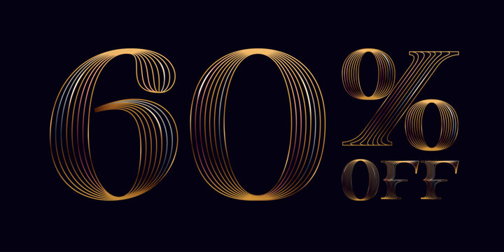 60% OFF golden lettering. Shiny number made of parallel lines on black background. Metallic percent emblem for Super Sale