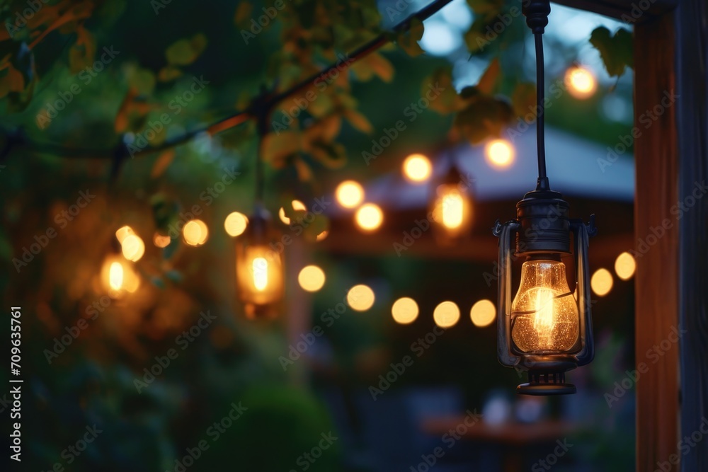 Aufkleber A lantern is suspended from a string of lights. This image can be used to add a warm and cozy ambiance to any setting