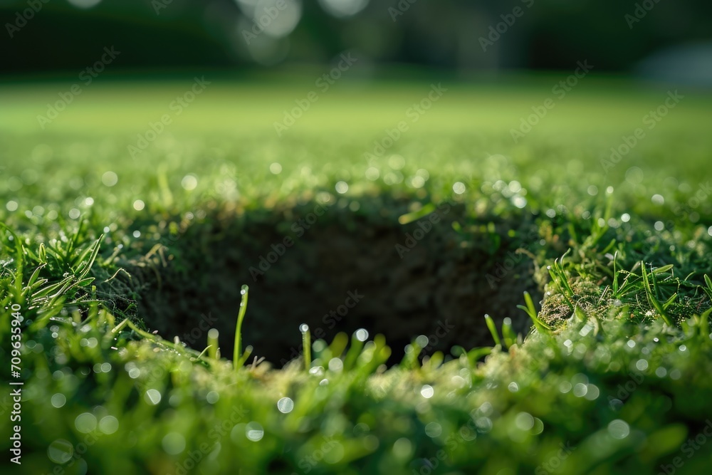 Poster A close-up view of a hole in the grass with water droplets on it. Suitable for nature and macro photography projects