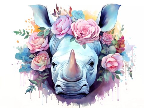 Illustration Of A Colorful Rhino With A Flower Crown On Its Head. Generative Ai