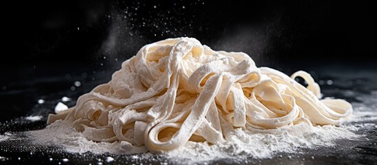 Closeup raw tagliatelle pasta food covered by white flour on black background. Generate AI image