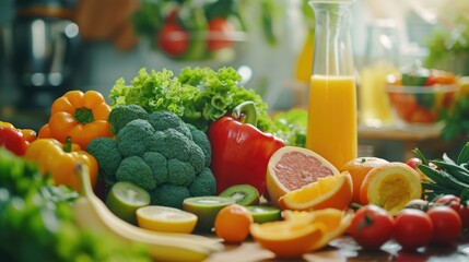 A variety of colorful and healthy fruits and vegetables displayed on a table. Perfect for illustrating the concept of a balanced diet and healthy eating