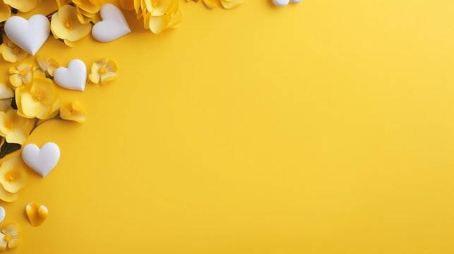 A beautiful yellow colored background with hearts, leaving space for text - Generative AI