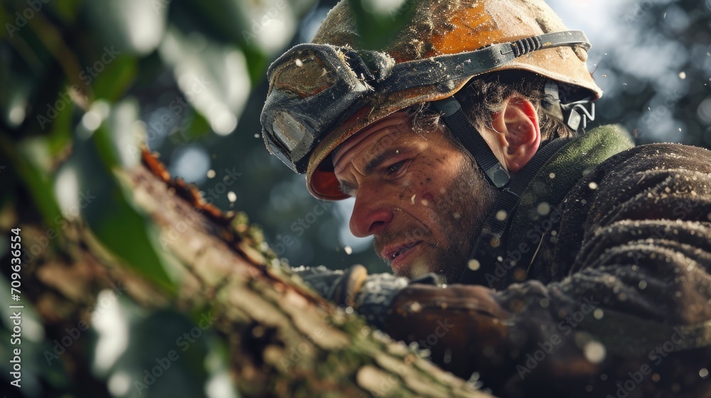 Poster A man wearing a hard hat is cutting a tree. This image can be used to illustrate concepts such as forestry, landscaping, construction, or tree removal