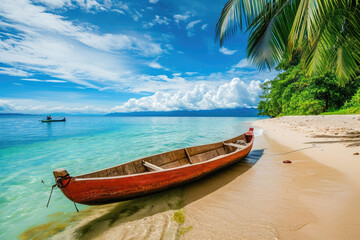 Fototapeta na wymiar Canoe on the tropical sandy beach. Beautiful summer landscape of tropical island with boat in ocean