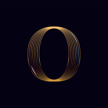 O letter golden logo. Shiny icon made of parallel lines on black background. Metallic gold, bronze, silver emblem for Super Sale.