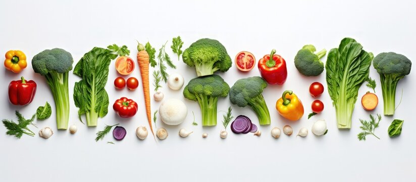 Flat lay top view fresh organic vegetables on white background. Generate AI image