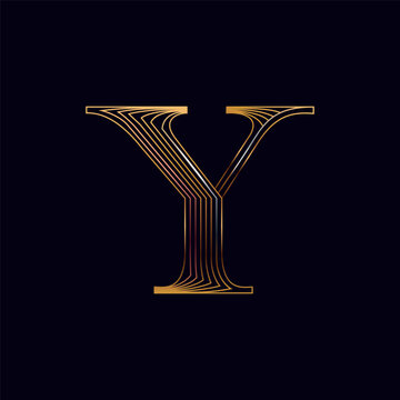 Y letter golden logo. Shiny icon made of parallel lines on black background. Metallic gold, bronze, silver emblem for Super Sale.