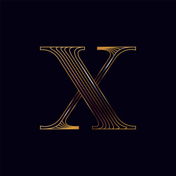 X letter golden logo. Shiny icon made of parallel lines on black background. Metallic gold, bronze, silver emblem for Super Sale.