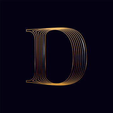 D letter golden logo. Shiny icon made of parallel lines on black background. Metallic gold, bronze, silver emblem for Super Sale.